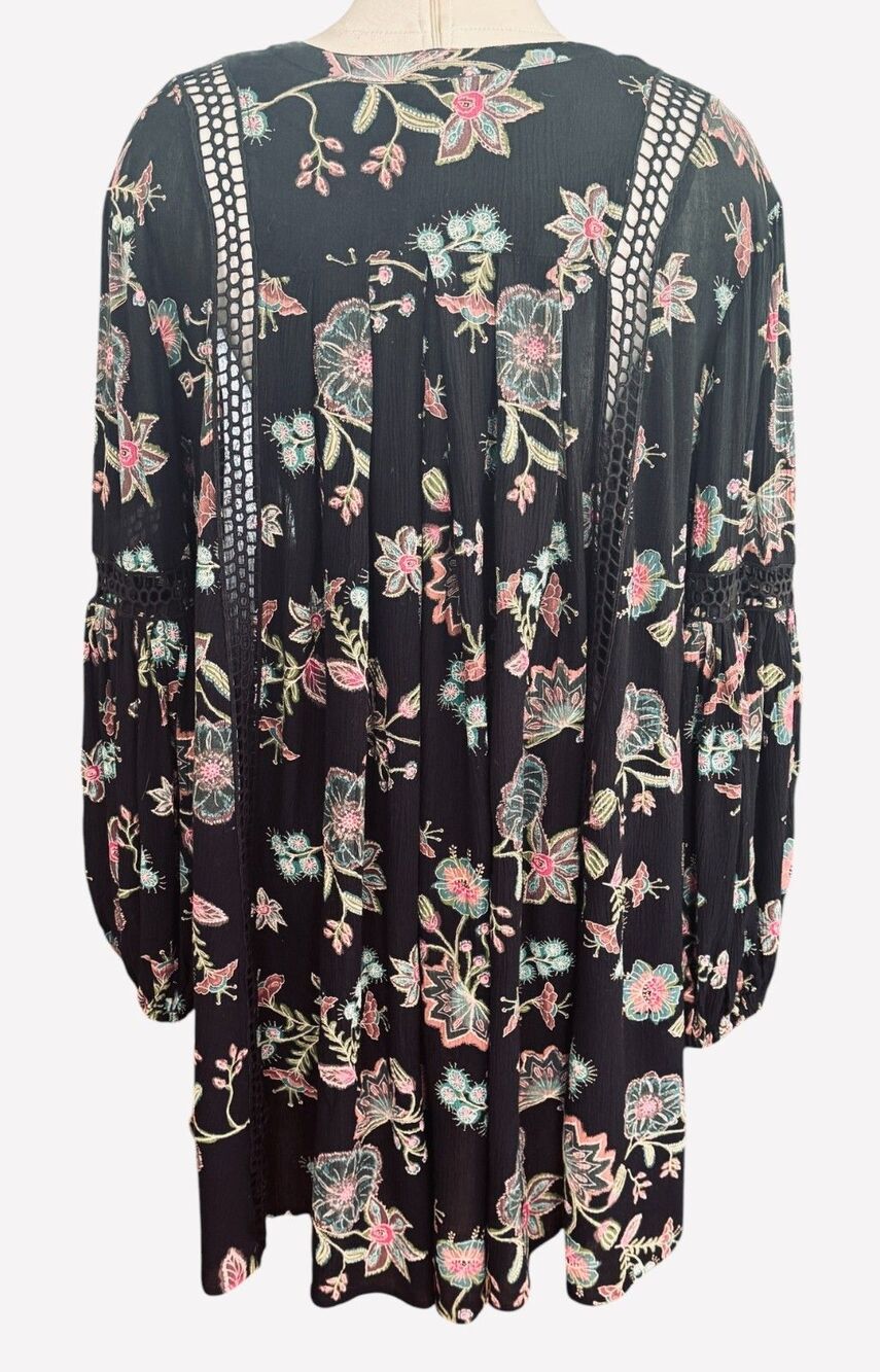 Free People Wm M Embroidered Dress Black Floral Gauze Oversized Tunic NEW W/TAG